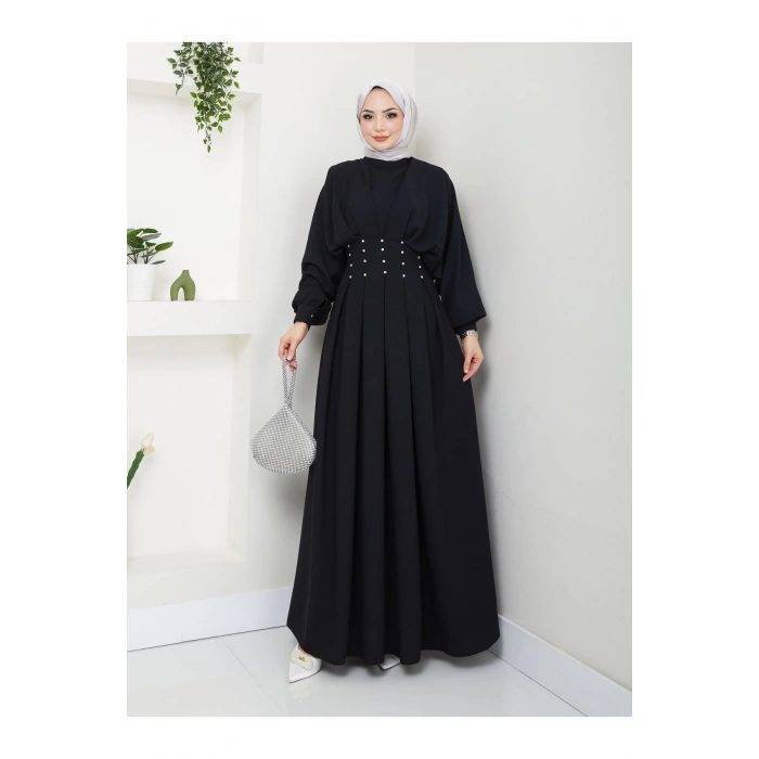 KADIN TESETTÜR TAŞLİ ELBİSE SİYAH