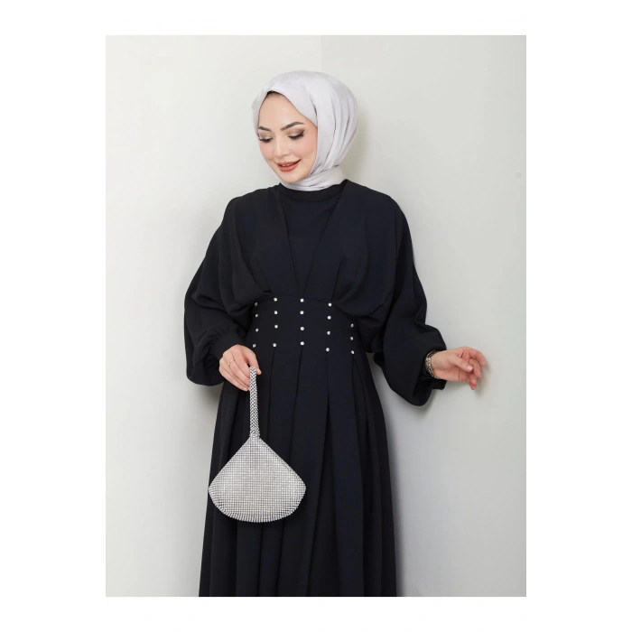 KADIN TESETTÜR TAŞLİ ELBİSE SİYAH
