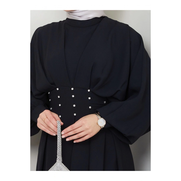 KADIN TESETTÜR TAŞLİ ELBİSE SİYAH