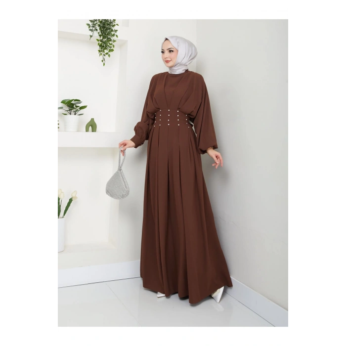 KADIN TESETTÜR TAŞLİ ELBİSE KAHVE