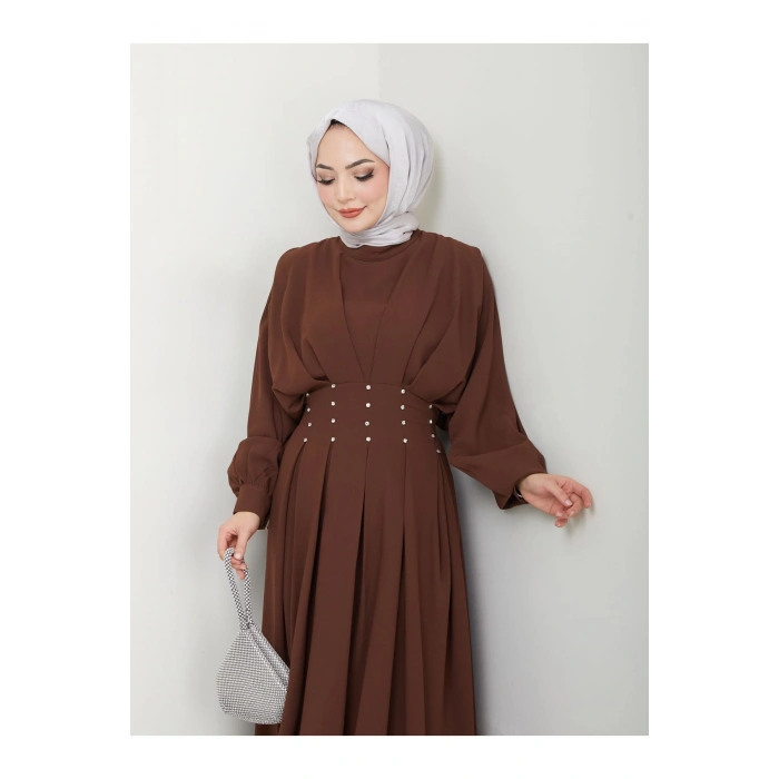 KADIN TESETTÜR TAŞLİ ELBİSE KAHVE