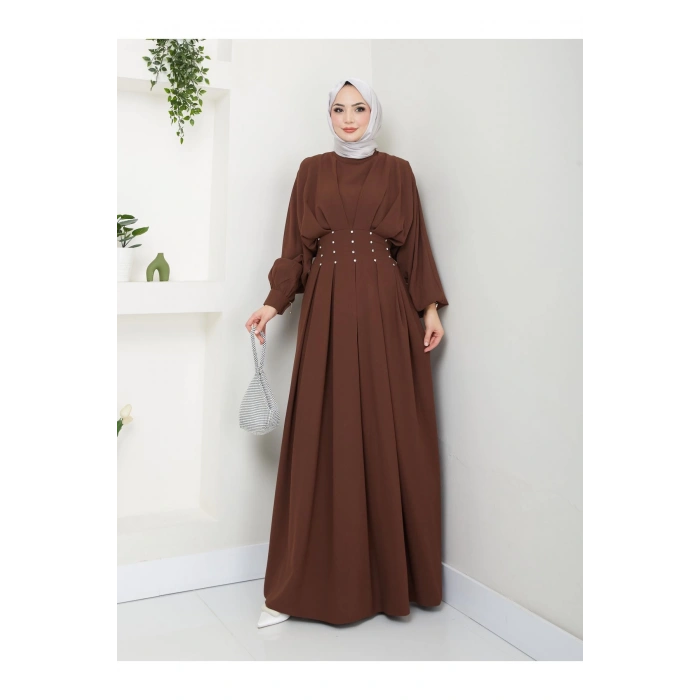 KADIN TESETTÜR TAŞLİ ELBİSE KAHVE
