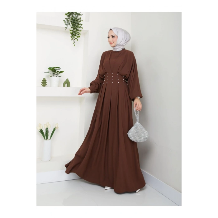 KADIN TESETTÜR TAŞLİ ELBİSE KAHVE
