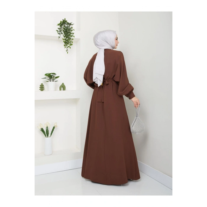 KADIN TESETTÜR TAŞLİ ELBİSE KAHVE