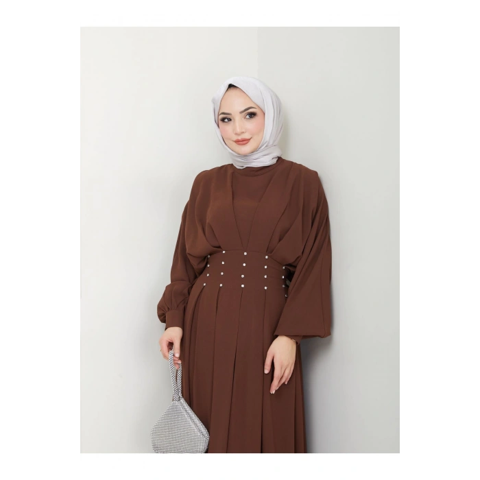 KADIN TESETTÜR TAŞLİ ELBİSE KAHVE