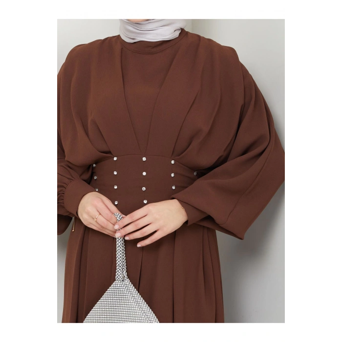KADIN TESETTÜR TAŞLİ ELBİSE KAHVE