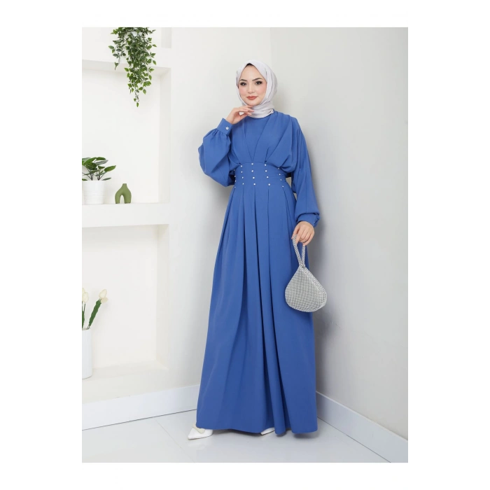 KADIN TESETTÜR TAŞLİ ELBİSE MAVİ