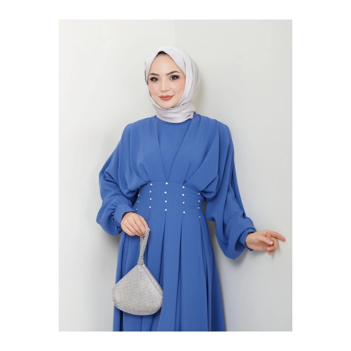 KADIN TESETTÜR TAŞLİ ELBİSE MAVİ
