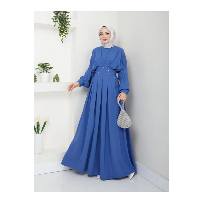 KADIN TESETTÜR TAŞLİ ELBİSE MAVİ