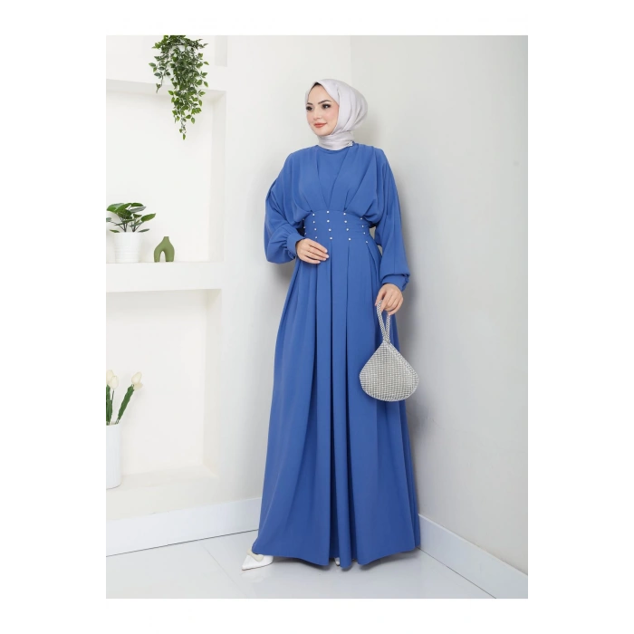 KADIN TESETTÜR TAŞLİ ELBİSE MAVİ
