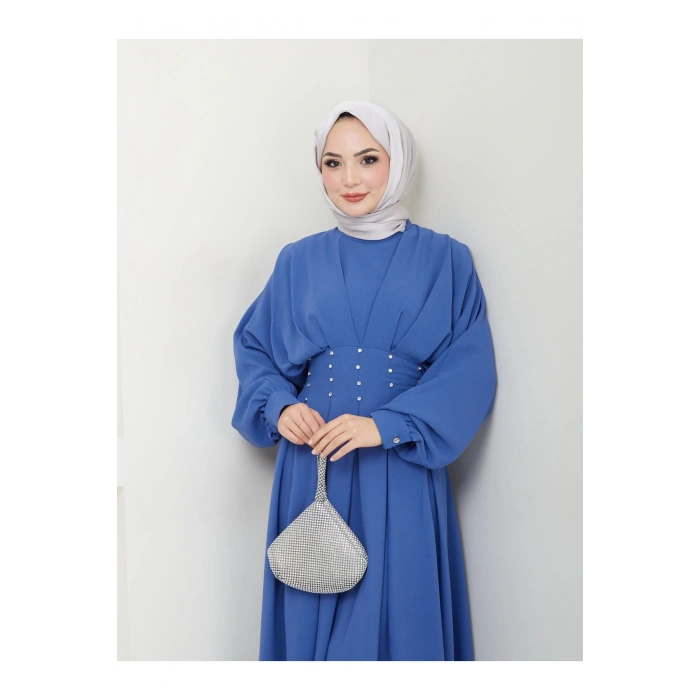 KADIN TESETTÜR TAŞLİ ELBİSE MAVİ