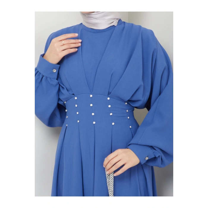 KADIN TESETTÜR TAŞLİ ELBİSE MAVİ