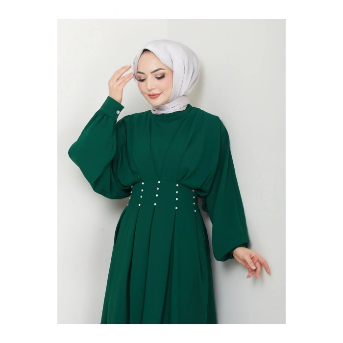 KADIN TESETTÜR TAŞLİ ELBİSE ZÜMRÜT