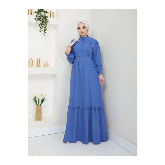 KADIN TESETTÜR DANTELLİ ŞERİT ELBİSE MAVİ