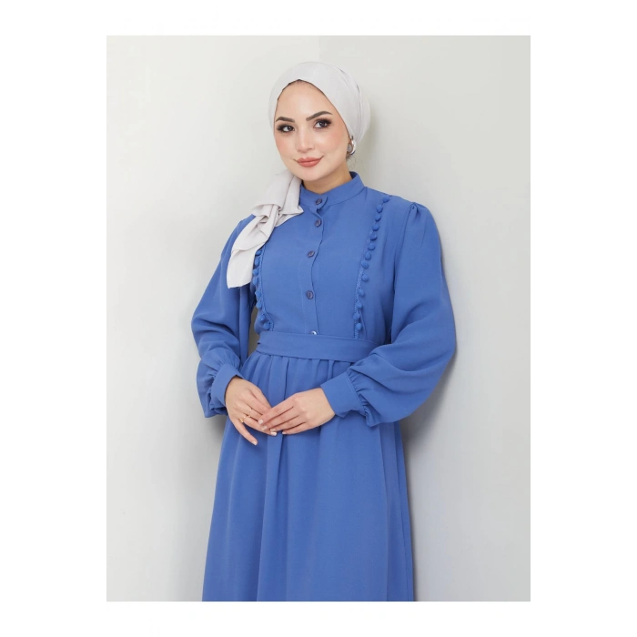 KADIN TESETTÜR DANTELLİ ŞERİT ELBİSE MAVİ