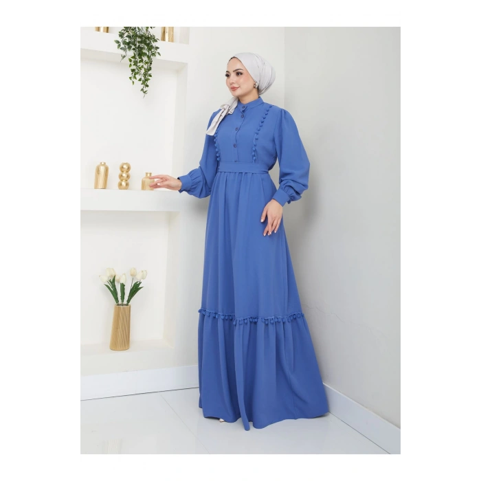 KADIN TESETTÜR DANTELLİ ŞERİT ELBİSE MAVİ