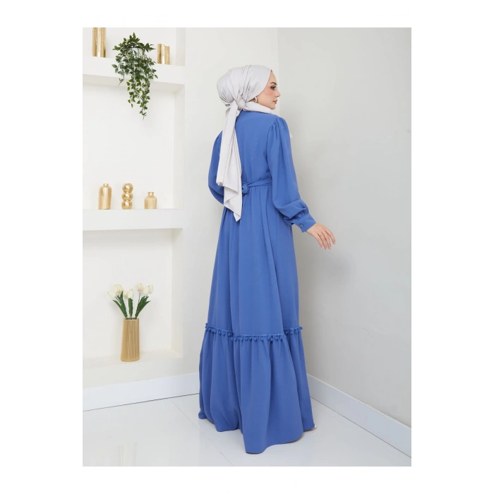 KADIN TESETTÜR DANTELLİ ŞERİT ELBİSE MAVİ