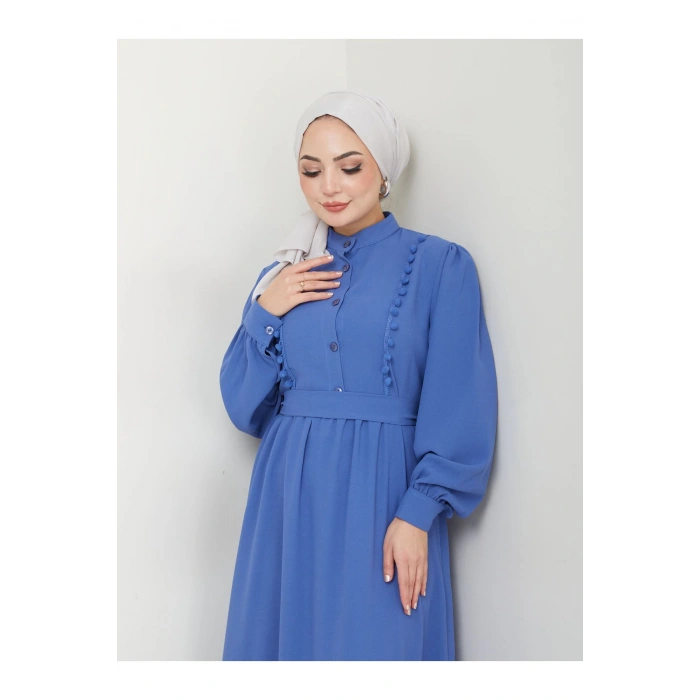 KADIN TESETTÜR DANTELLİ ŞERİT ELBİSE MAVİ