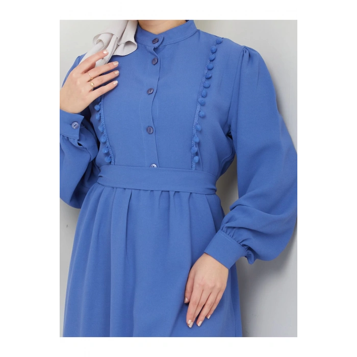 KADIN TESETTÜR DANTELLİ ŞERİT ELBİSE MAVİ