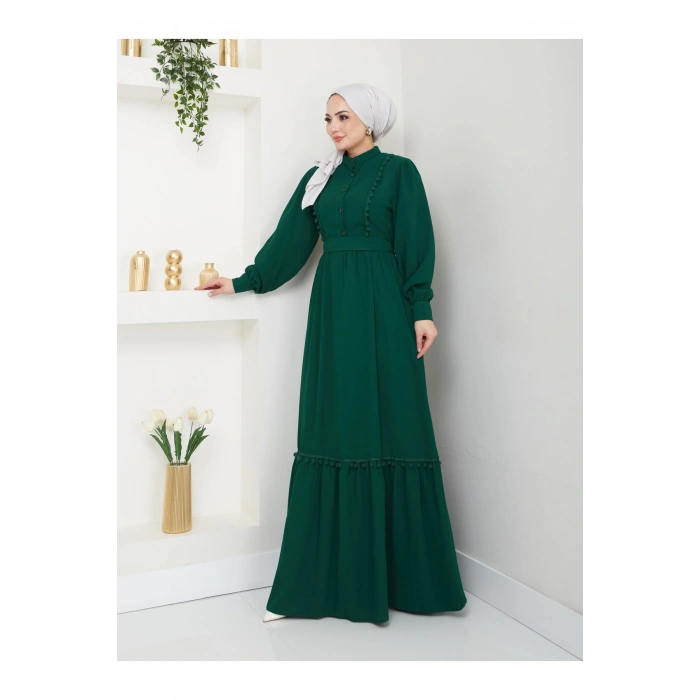 KADIN TESETTÜR DANTELLİ ŞERİT ELBİSE ZÜMRÜT