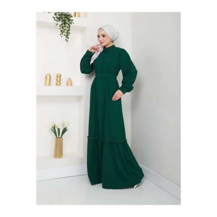KADIN TESETTÜR DANTELLİ ŞERİT ELBİSE ZÜMRÜT
