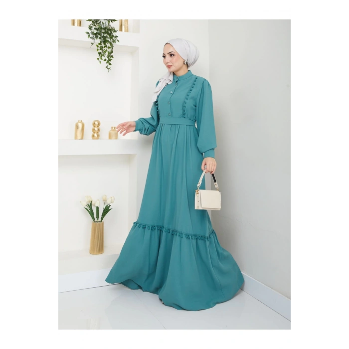 KADIN TESETTÜR DANTELLİ ŞERİT ELBİSE MİNT