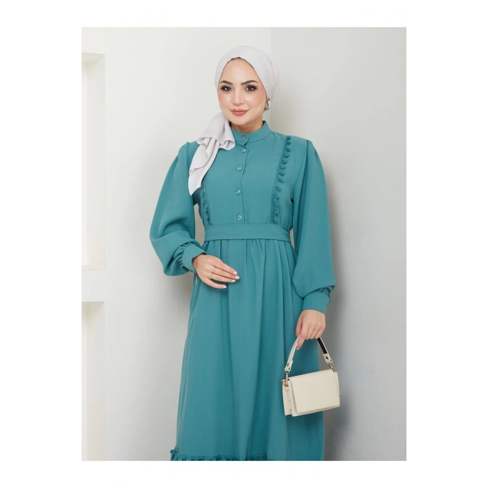 KADIN TESETTÜR DANTELLİ ŞERİT ELBİSE MİNT