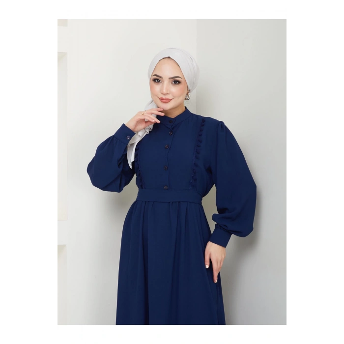 KADIN TESETTÜR DANTELLİ ŞERİT ELBİSE LACİVERT