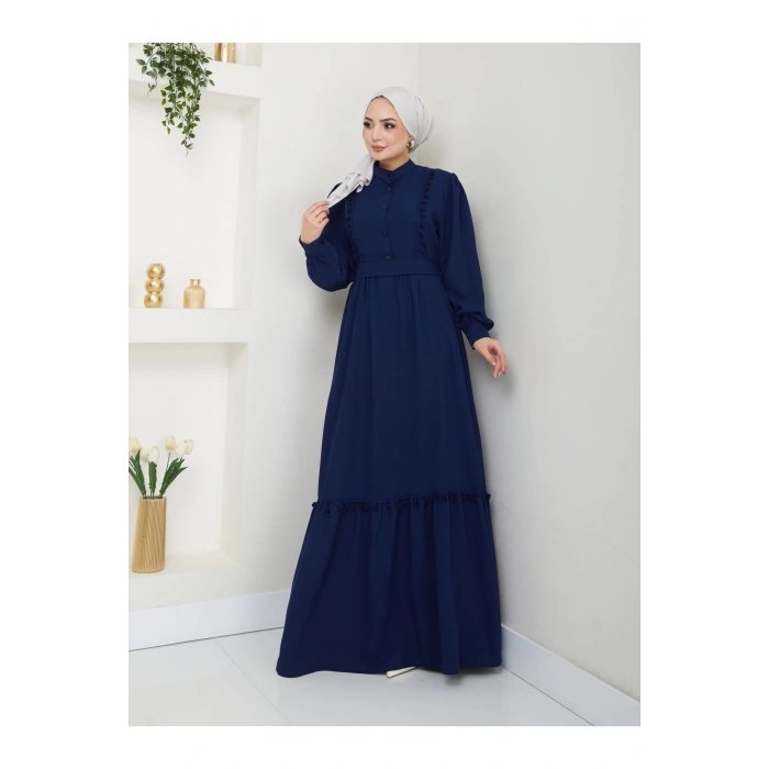 KADIN TESETTÜR DANTELLİ ŞERİT ELBİSE LACİVERT