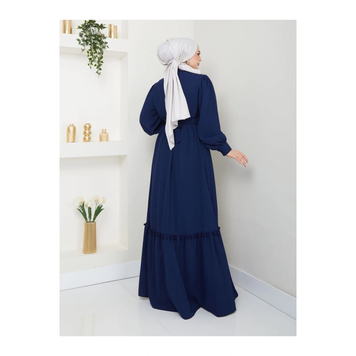 KADIN TESETTÜR DANTELLİ ŞERİT ELBİSE LACİVERT