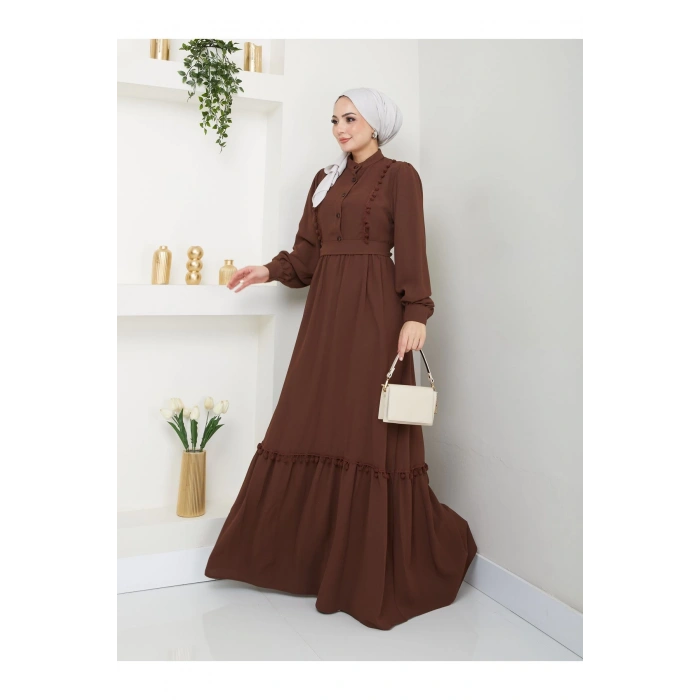 KADIN TESETTÜR DANTELLİ ŞERİT ELBİSE KAHVE