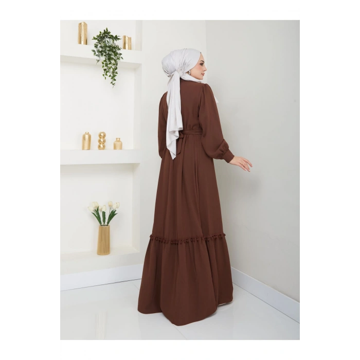 KADIN TESETTÜR DANTELLİ ŞERİT ELBİSE KAHVE