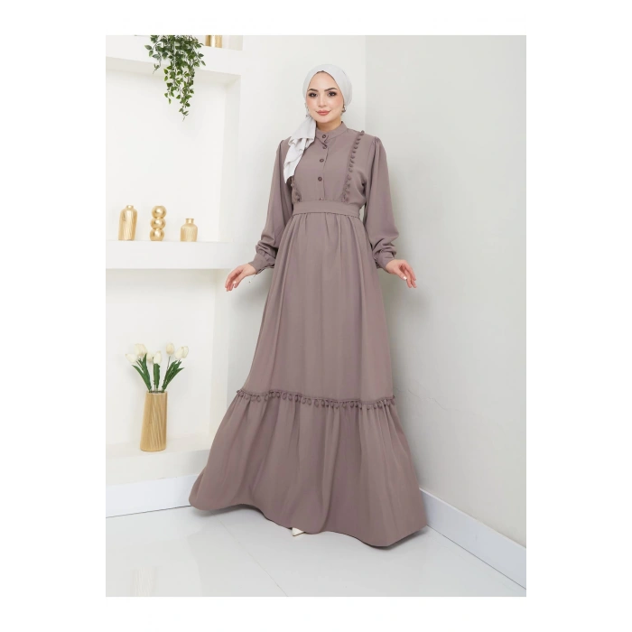 KADIN TESETTÜR DANTELLİ ŞERİT ELBİSE TAŞ