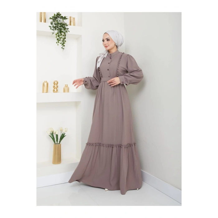 KADIN TESETTÜR DANTELLİ ŞERİT ELBİSE TAŞ