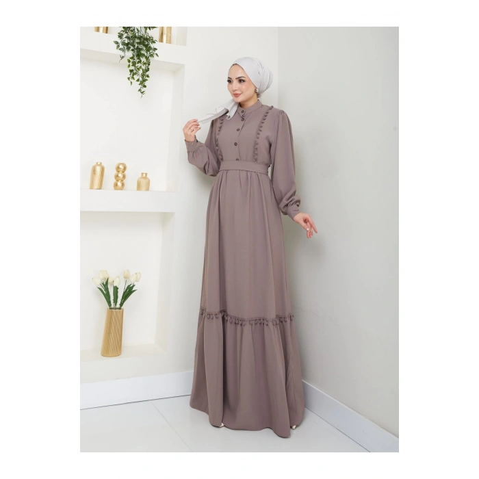 KADIN TESETTÜR DANTELLİ ŞERİT ELBİSE TAŞ