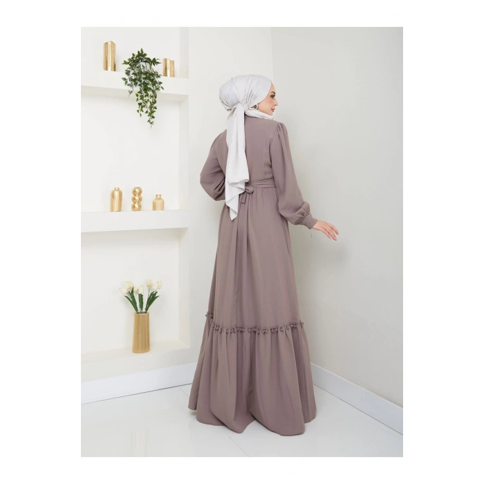 KADIN TESETTÜR DANTELLİ ŞERİT ELBİSE TAŞ