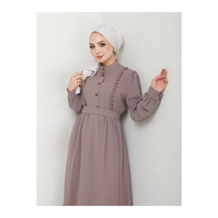 KADIN TESETTÜR DANTELLİ ŞERİT ELBİSE TAŞ