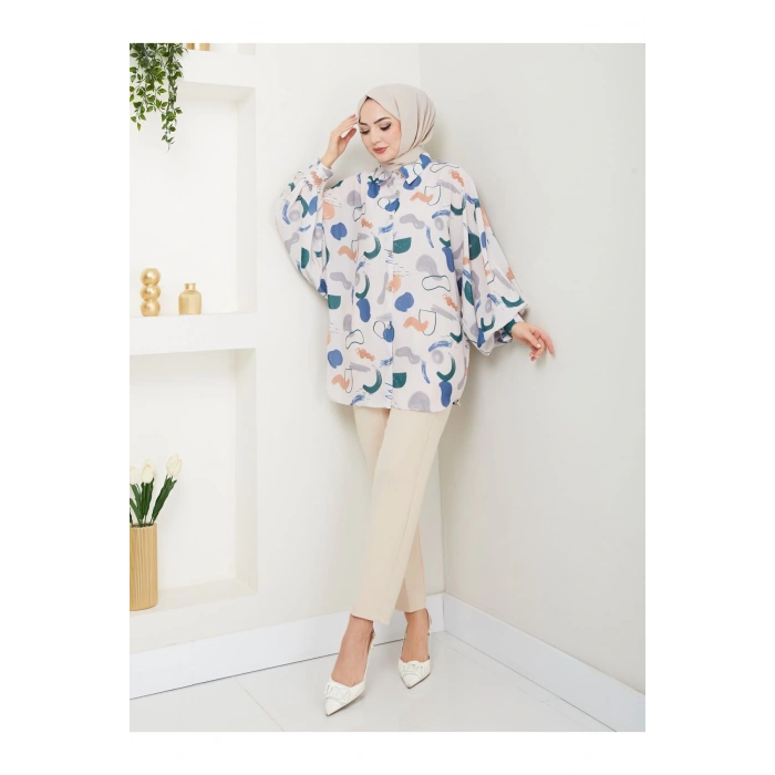 DESENLİ JESİCA GÖMLEK STANDERT BEDEN UZUN KOL 2504 SAKIS MAVİ