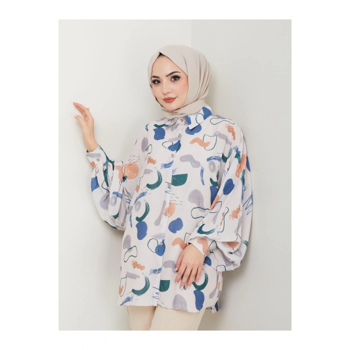 DESENLİ JESİCA GÖMLEK STANDERT BEDEN UZUN KOL 2504 SAKIS MAVİ