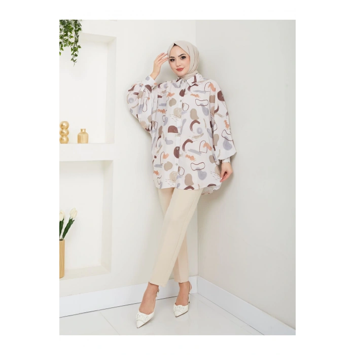 DESENLİ JESİCA GÖMLEK STANDERT BEDEN UZUN KOL 2504 KAHVE