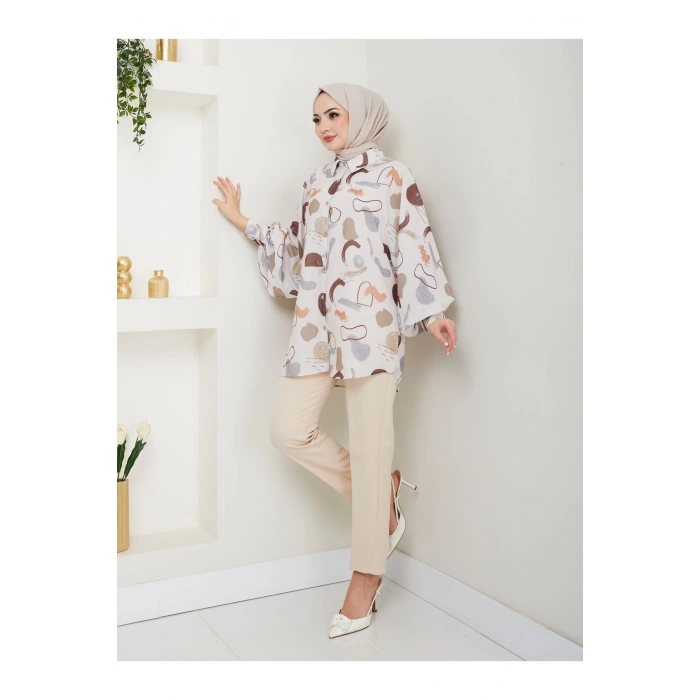 DESENLİ JESİCA GÖMLEK STANDERT BEDEN UZUN KOL 2504 KAHVE