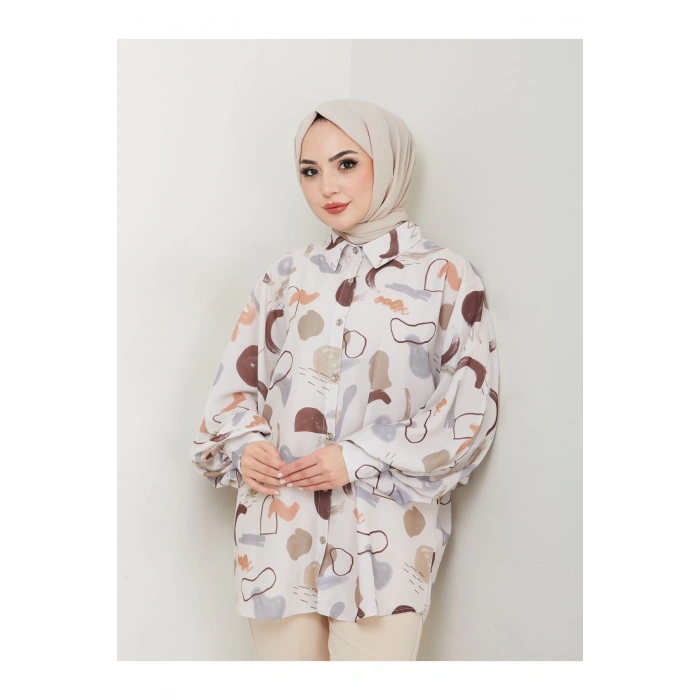 DESENLİ JESİCA GÖMLEK STANDERT BEDEN UZUN KOL 2504 KAHVE