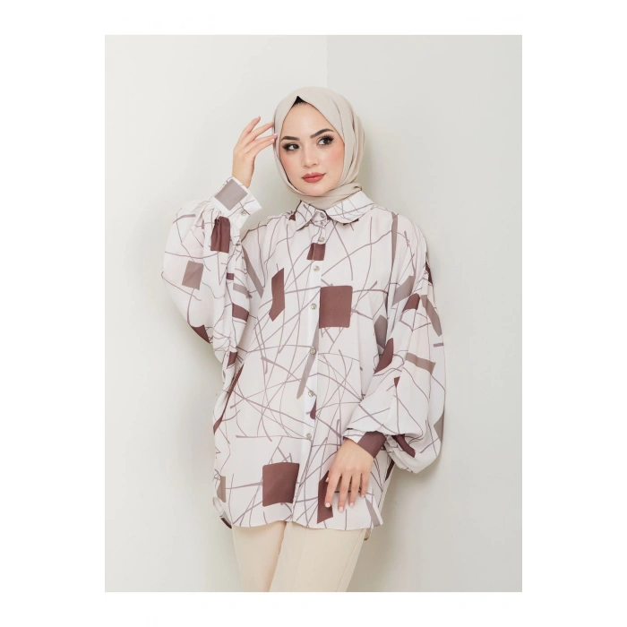 DESENLİ JESİCA GÖMLEK STANDERT BEDEN UZUN KOL 2502 KAHVE