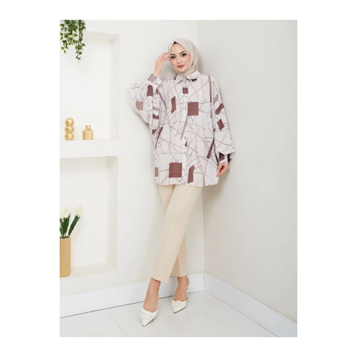 DESENLİ JESİCA GÖMLEK STANDERT BEDEN UZUN KOL 2502 KAHVE