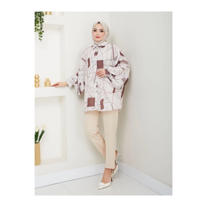 DESENLİ JESİCA GÖMLEK STANDERT BEDEN UZUN KOL 2502 KAHVE