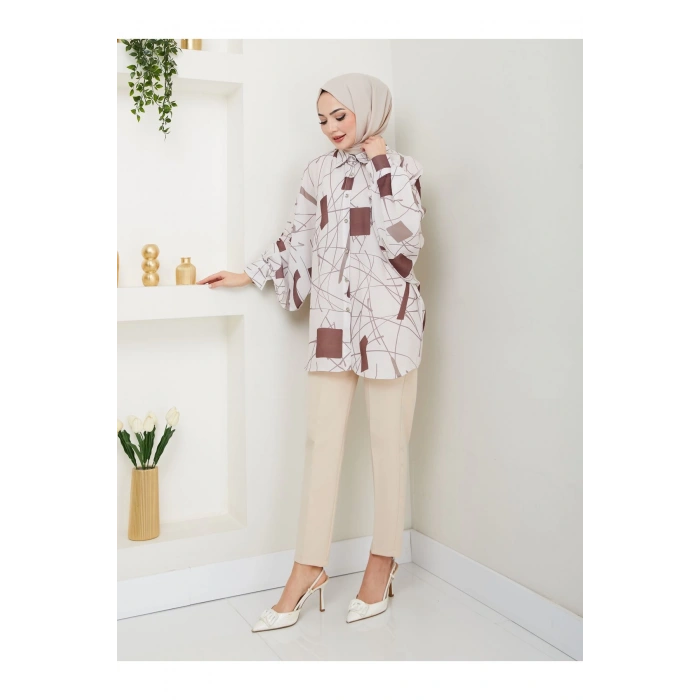 DESENLİ JESİCA GÖMLEK STANDERT BEDEN UZUN KOL 2502 KAHVE