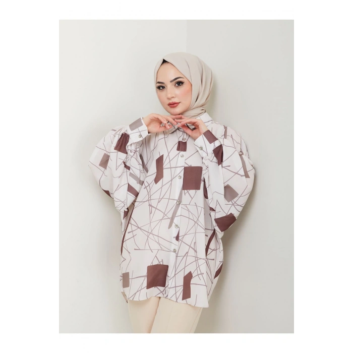 DESENLİ JESİCA GÖMLEK STANDERT BEDEN UZUN KOL 2502 KAHVE