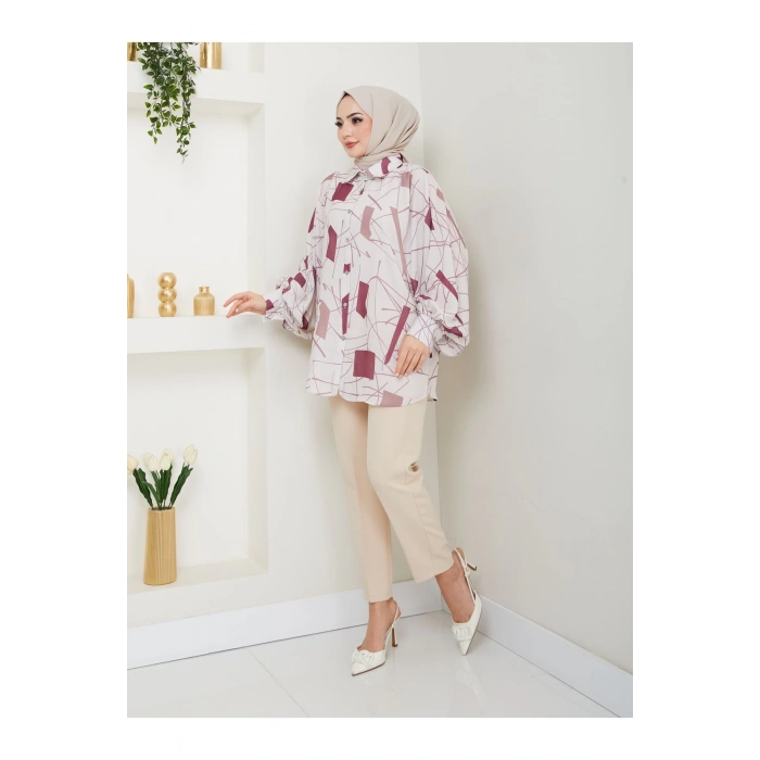 DESENLİ JESİCA GÖMLEK STANDERT BEDEN UZUN KOL 2502 BORDO