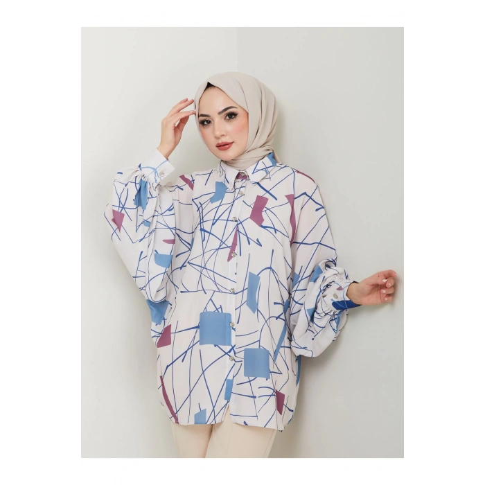 DESENLİ JESİCA GÖMLEK STANDERT BEDEN UZUN KOL 2502 MAVİ