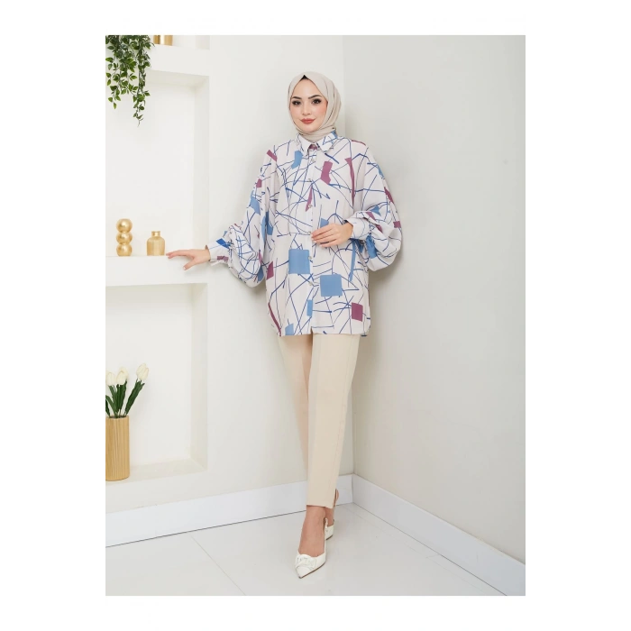 DESENLİ JESİCA GÖMLEK STANDERT BEDEN UZUN KOL 2502 MAVİ